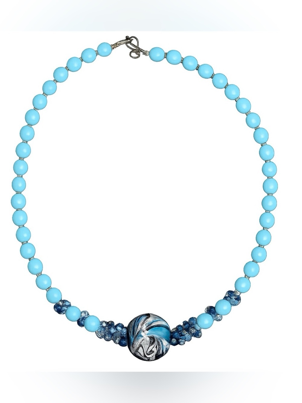 Vintage Light Blue Faceted Bead Necklace with Swirl Glass Focal Bead